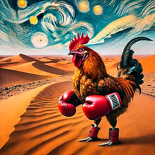 A chicken with boxing gloves in the Sahara desert, in the style of Van Gogh'