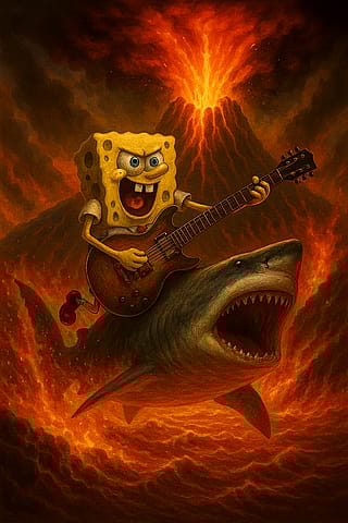 Now it's Sponge Bob riding a shark into a volcano'
