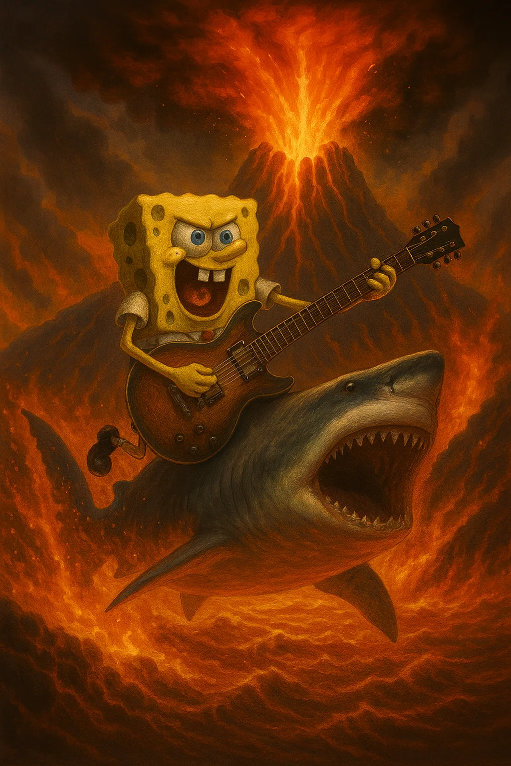 Now it's Sponge Bob riding a shark into a volcano picture 1 of 1