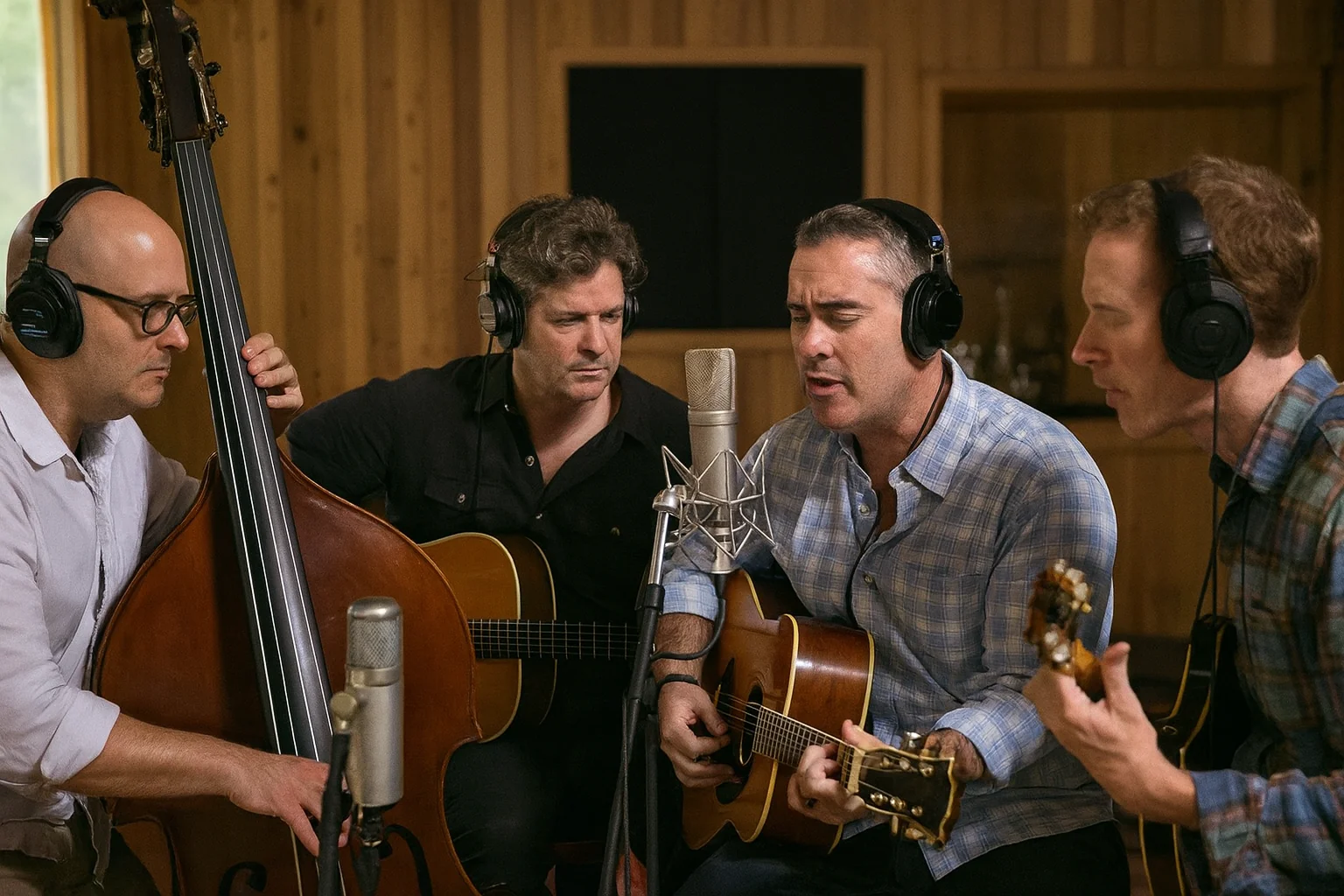 To get ChatGPT to make this image, I had to give it a description of the band and tell it not to tell me the name but just make an image of them in a recording session picture 1 of 1