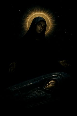"The Virgin Mary watches over the cryogenic sleep of the space explorers." AI generated Author: Simone Nespolo, 2025'