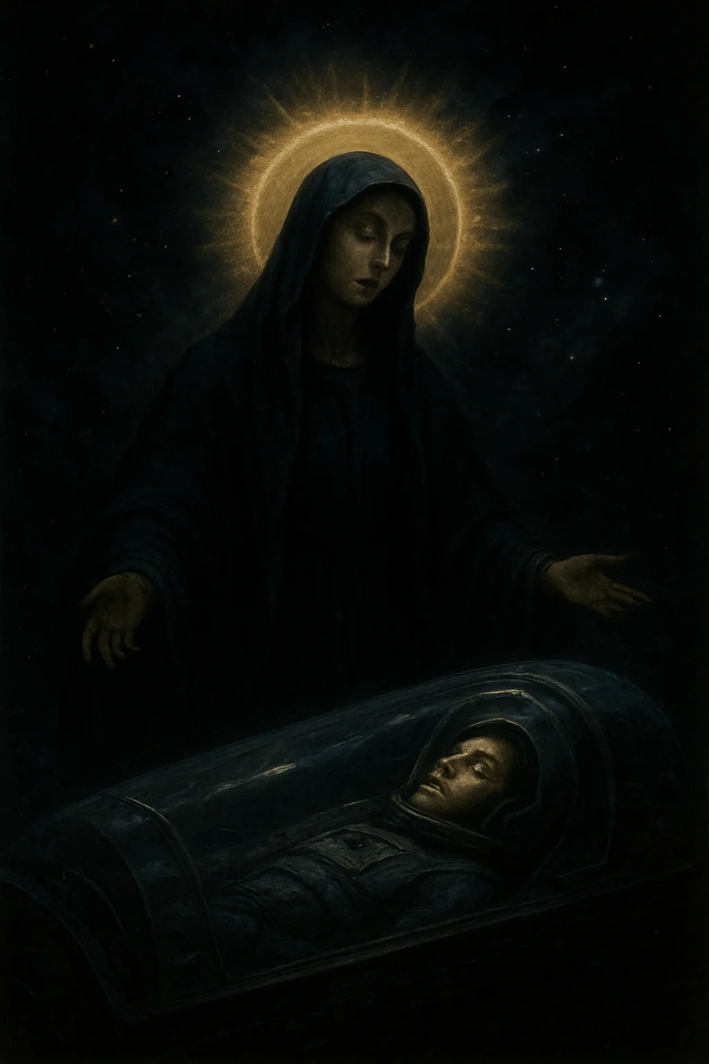 "The Virgin Mary watches over the cryogenic sleep of the space explorers." AI generated Author: Simone Nespolo, 2025 picture 1 of 1