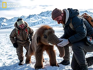 Zoologists examining baby woolly mammoth'