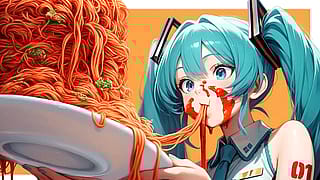 Hatsune Miku eating a plate full of spaghetti'