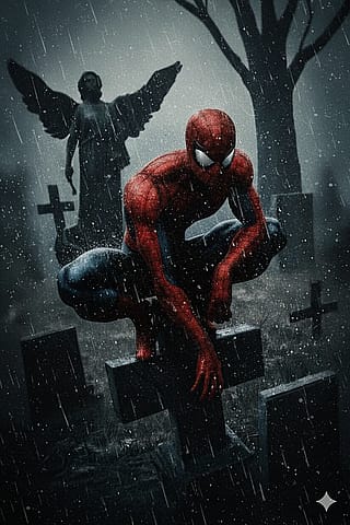 Spiderman standing on a grave in the rain original/AI'