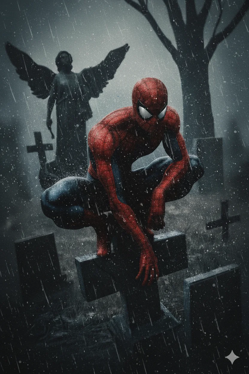 Spiderman standing on a grave in the rain original/AI picture 1 of 2