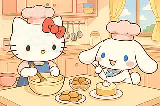 Hello Kitty and Cinnamoroll making Dessert'