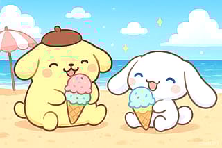 Cinnamoroll and Pomponpurin having ice cream'
